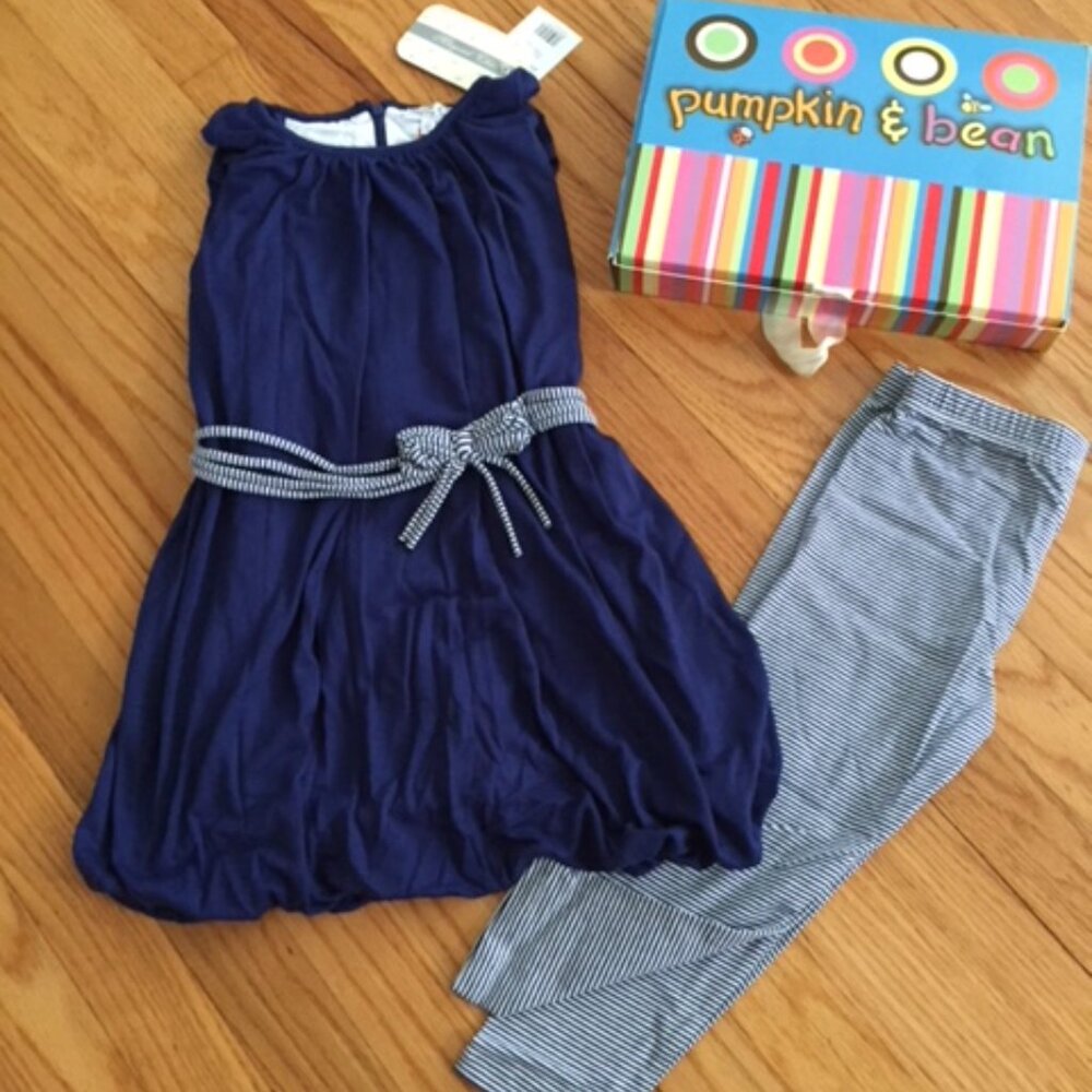 PUMPKIN & BEAN girls blue ruffled dress,  matching capri leggings, 6, NWT